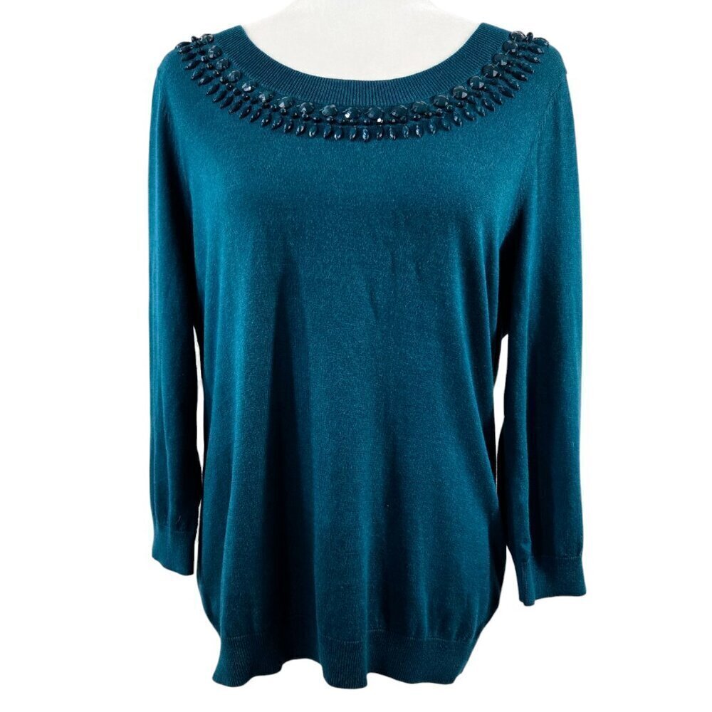 Talbots Dark Teal Beaded Embellished Scoop Neck Lightweight Sweater Mature